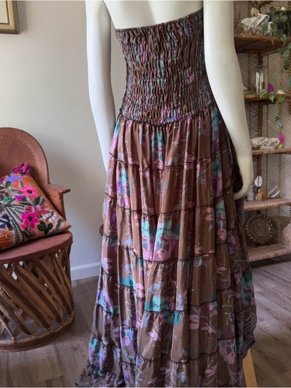 100% silk Asymmetrical Hem Whimsical Fairy Floral Brown Purple Strapless Dress M - Picture 3 of 5